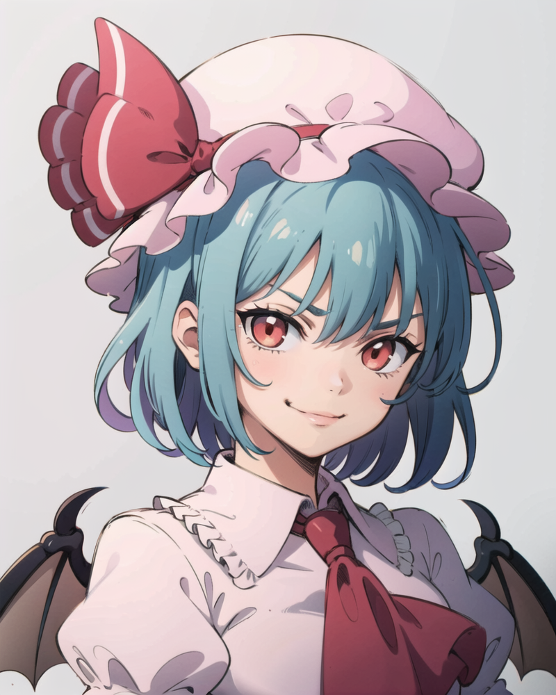 00008-2042027248-_lora_remilia_1_,1girl,pink dress,mob cap,ribbon,blue hair,red eyes,evil smile,bow,ascot,wings,grey background, (kbxll_0.8), mas.png
